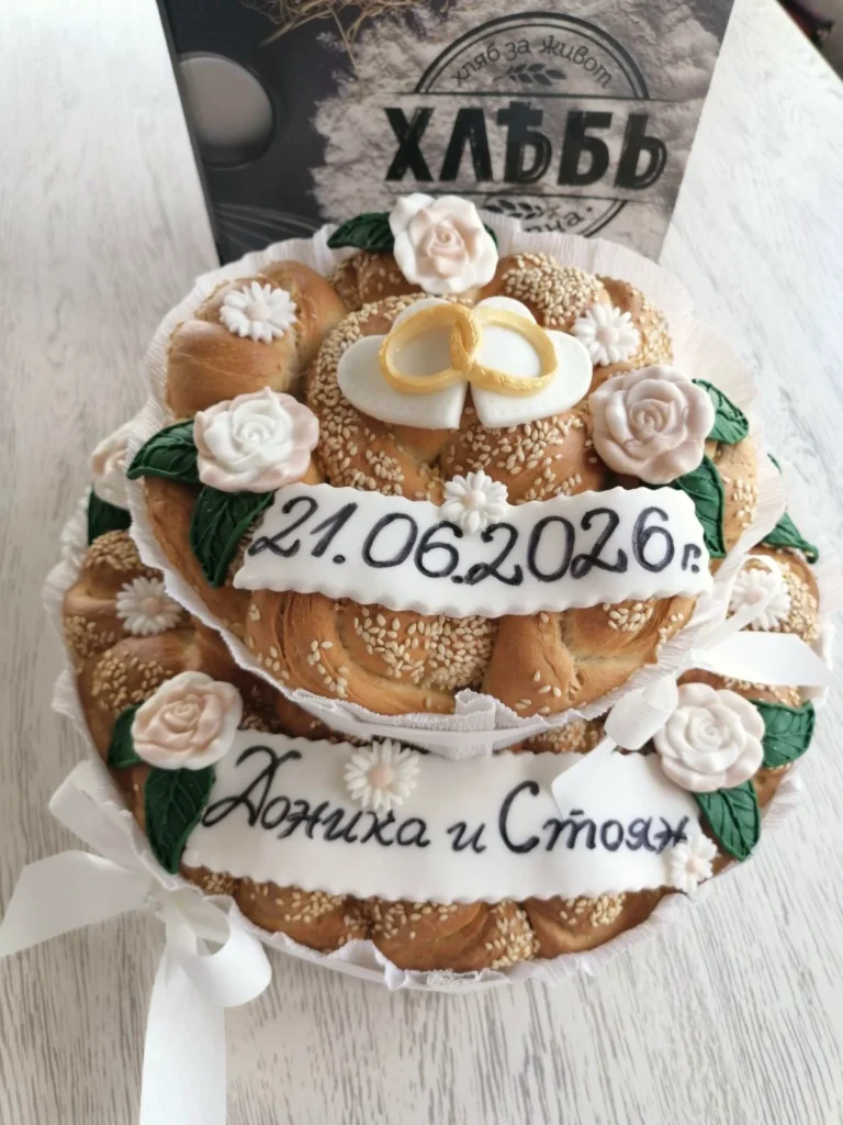 Двуетажна сватбена пита с халки и рози